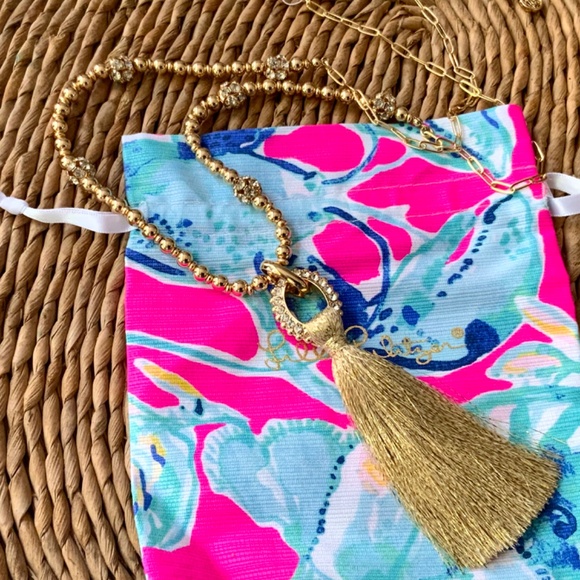 Lilly Pulitzer NWT CRYSTAL GOLD LINK TASSEL NECKLACE⭐️STUNNING NEW + Lilly POUCH - Picture 16 of 16